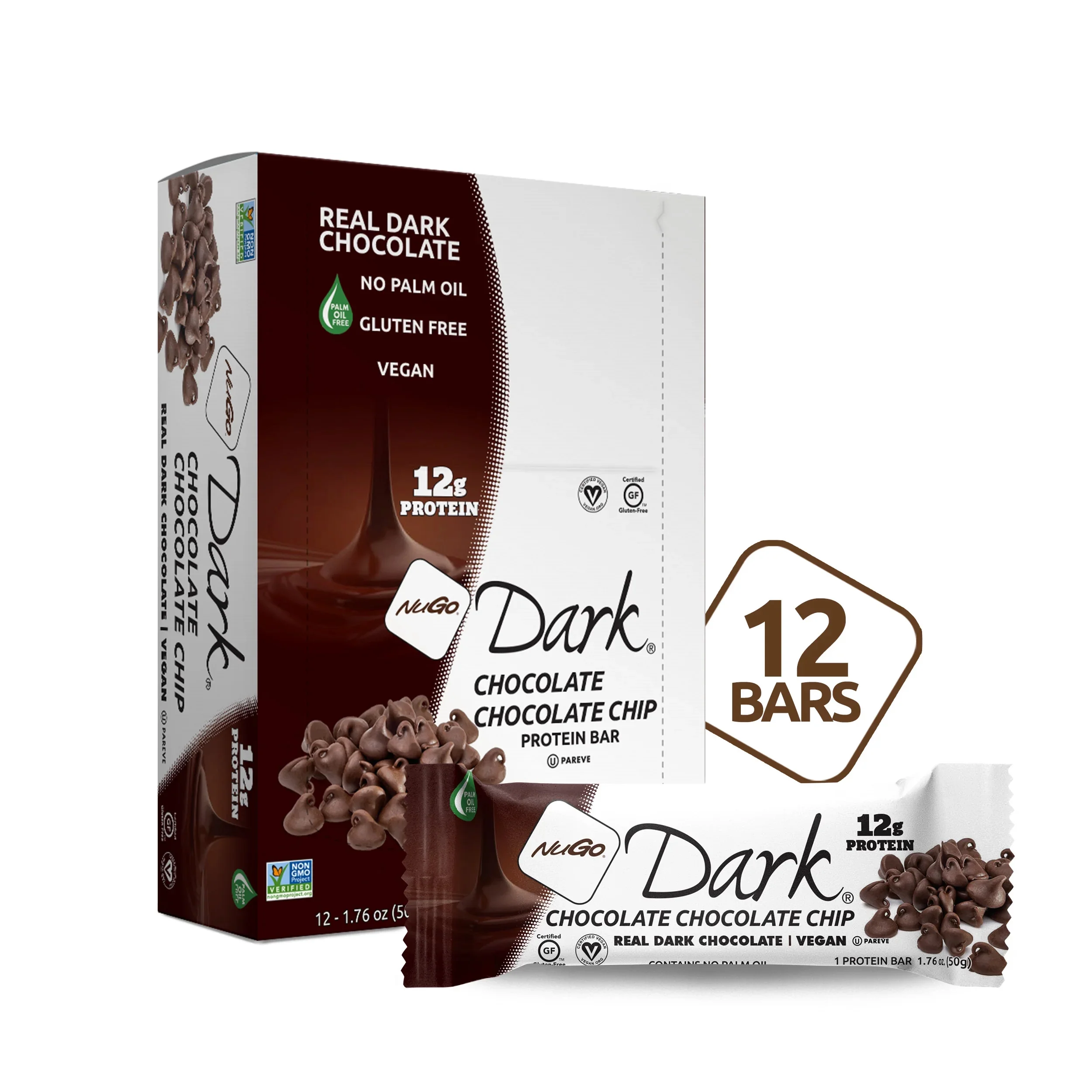 NuGo Dark Chocolate Chocolate Chip, 12g Vegan Protein, Gluten Free, 12 Count