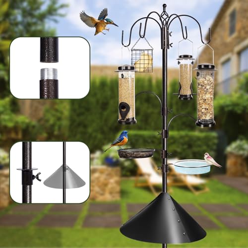 6-Hook Bird Feeding Station Kit, Wild Bird Feeder Stand Pole, Multi-Feeder Kit Stand with 4 Feeders, Bird Bath and Mesh Tray, 94 Inch