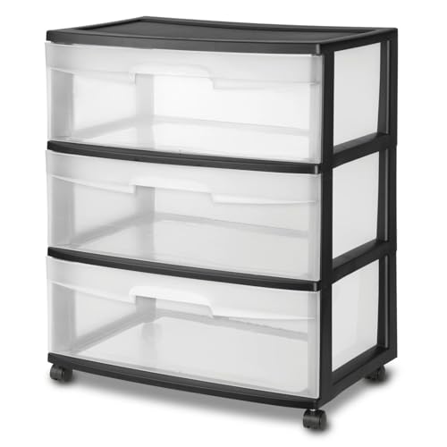 3-Drawer Wide Storage Cart – Black & Clear Design, Rolling/Stationary Organizer for Home & Office