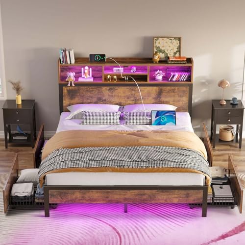 Rolanstar Queen Bed Frame with Storage,4-Drawer Platform Bed with USB Charging Station,Built in LED Lights and Bookcase Headboard,No Box Spring Needed,Easy Assembly,Noise-Free,Black