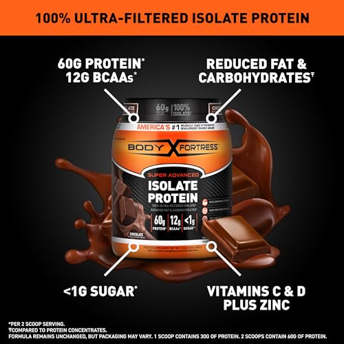 Body Fortress Super Advanced 100% Ultra-filtered Isolate Protein Powder, Vanilla, 60g Protein & 12g BCAAs Per 2 Scoops, Muscle Gain & Recovery, Immune Support with Vitamins C & D, 1.5lbs
