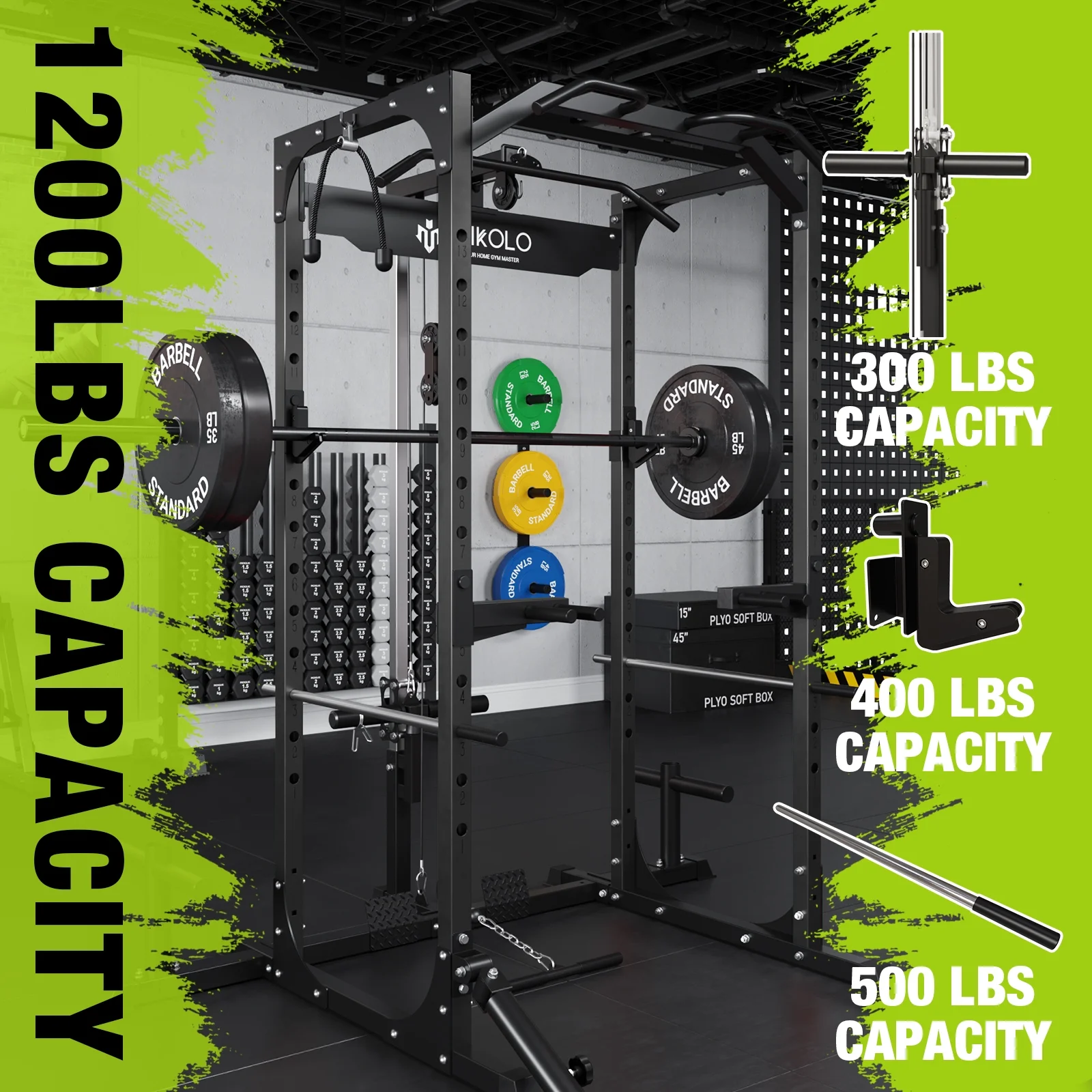 Mikolo Power Rack Cage with LAT Pulldown System,1200LBS Capacity Power Rack, Multi-Functional Squat Rack with 13-Level Adjustable Height and J-Hooks, Dip Bars, T-Bar, Squat Rack (Upgraded)