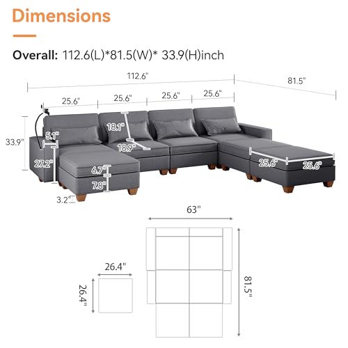 Modular Sectional Sofa, Convertible U Shaped Sofa Couch with Central Console & USB Ports, 7 Seat Modular Sectionals Couch with Chaise and Storage for Living Room, Light Grey