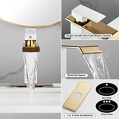 White Gold Faucet Bathroom Vessel Sink Golden Waterfall Spout Faucet Single Handle Bowl Sink Faucet Modern Single Hole Basin Vanity Tall Bathroom Sink Faucet with Pop Up Drain Stopper Supply Hose