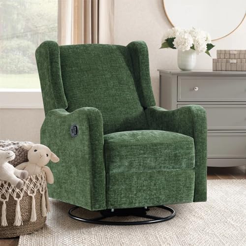 360° Swivel Glider Recliner, Soft Chenille Mid Century Modern Upholstered Ergonomic Rocker Comfy Wingback Accent with Curved Arm Sillas Reclining Chair Living Room Bedroom Lounge Reading Nursery Green