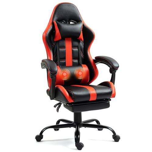 Massage Gaming Chair w/Footrest, Ergonomic High Back PC Chair w/Headrest and Lumbar, PU Swivel Home Desk Office Chair, Black