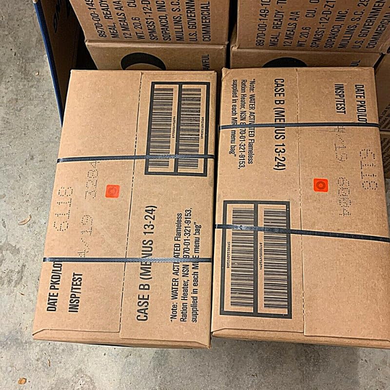 MRE Meals Ready to Eat A and B bundle cases 2025, 2026 inspection. Genuine Military US surplus emergency food bulk supply full box with heater