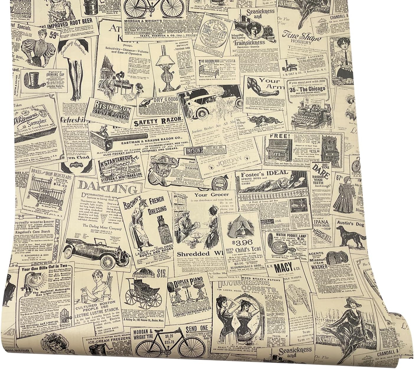 Old Fashion Newspaper Furniture Protective Paper Roll Peel Stick Shelf Drawer Liner Locker Sticker 17.7 Inch by 13 Ft