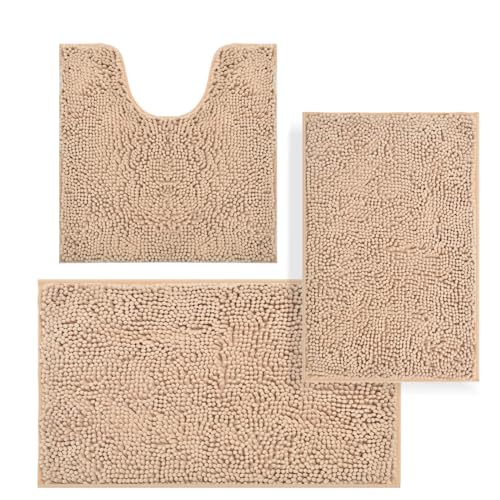 Bathroom Rugs Sets 3 Piece,Bath Mats for Bathroom Non Slip, Thick Chenille Bath Rug,Soft and Absorbent Shaggy Bathroom Mat Set, Machine Wash & Quick Dry Durable Carpet for Bath, Kitchen,Black