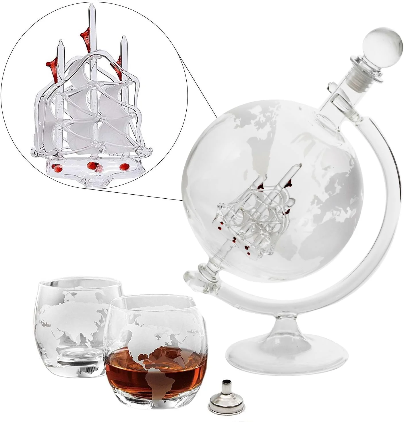 Large 35 Oz 'Ship' Handmade Whiskey Liquor Etched Globe Decanter Set With Glass Stand, 2 Globe Glasses And Bar Funnel