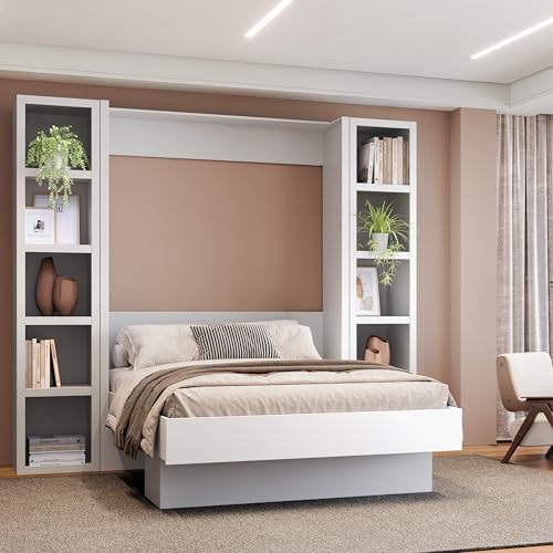 Oakland Living Easy-Lift Queen Murphy Wall Bed in Brown Wood Grain with Two Bookshelves