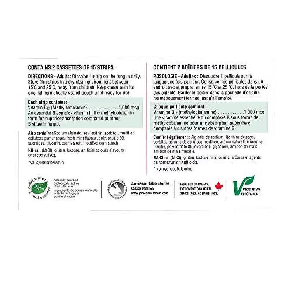 Jamieson Vitamin B12 1,000 mcg Fast Dissolving Strips, 30 Strips