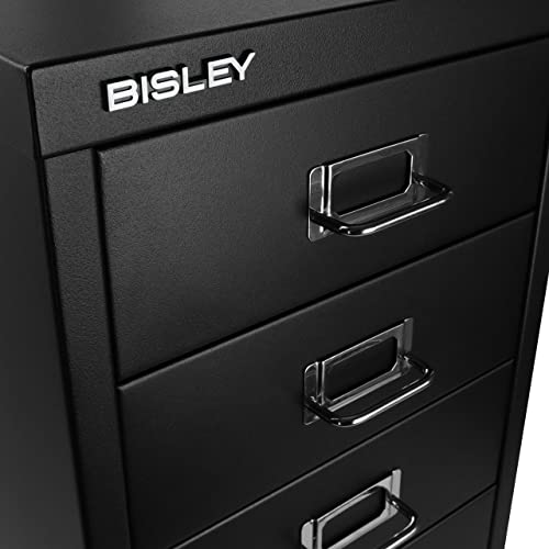 Bisley 10-Drawer Steel MultiDrawer Cabinet - Black, Chrome Pull Handles with Label Holders, Powder-Coated Steel, Removable Drawers, Fits Under Most Desks, Labels Included