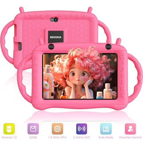 Kids Tablet Android 12 Tablet for Kids 7 inch Learning Tablet Quad-Core 32GB GMS Certified WiFi Bluetooth Dual Camera Parental Control Toddler Tablet with Drop-Proof Case (Pink)