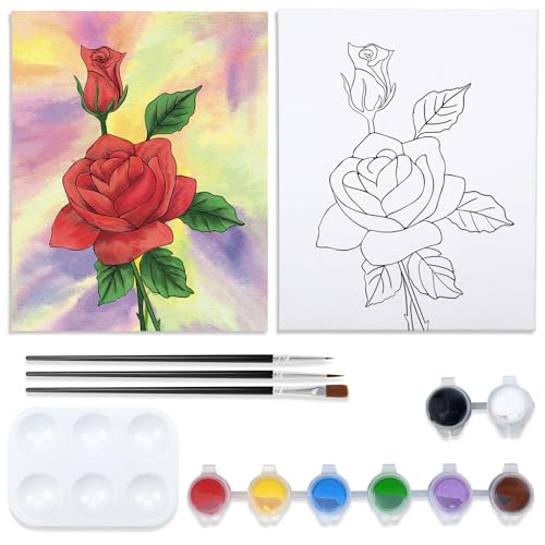 VOCHIC Paint and Sip Kit, Rose Pre Drawn Canvas Painting Kit for Adults Kid Painting Twist Party Supplies for Beginner Gift Favor, 8 Acrylic Colors, 3 Brushes,1 Pallet,1 Image Art Craft Set(8x10)