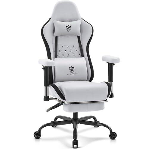 Gaming Chair Breathable Fabric,Computer Office Chair with Footrest,Massage Lumbar Support and Gel Pad,Ergonomic Reclining Gamer Chair with Adjustable Armrests and Spring Cushion Grey Black