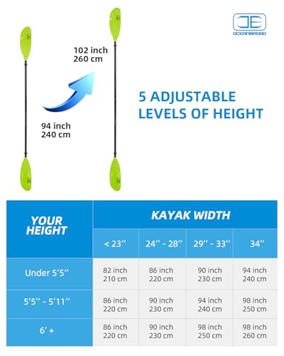 OCEANBROAD Adjustable Fishing Kayak Paddle - 94in/240cm-98in/250cm-102in/260cm Aluminum Alloy Shaft with Paddle Leash