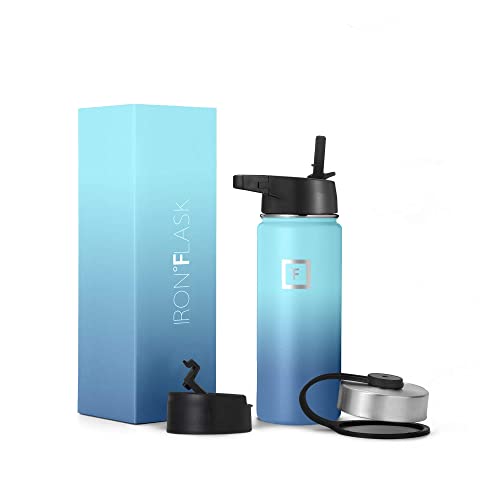 IRON °FLASK Camping & Hiking Hydration Flask with 3 Lids - Stainless Steel, Double Walled & Vacuum Insulated Water Bottle - Leak Proof & BPA Free (Midnight Black, Straw - 40 oz)