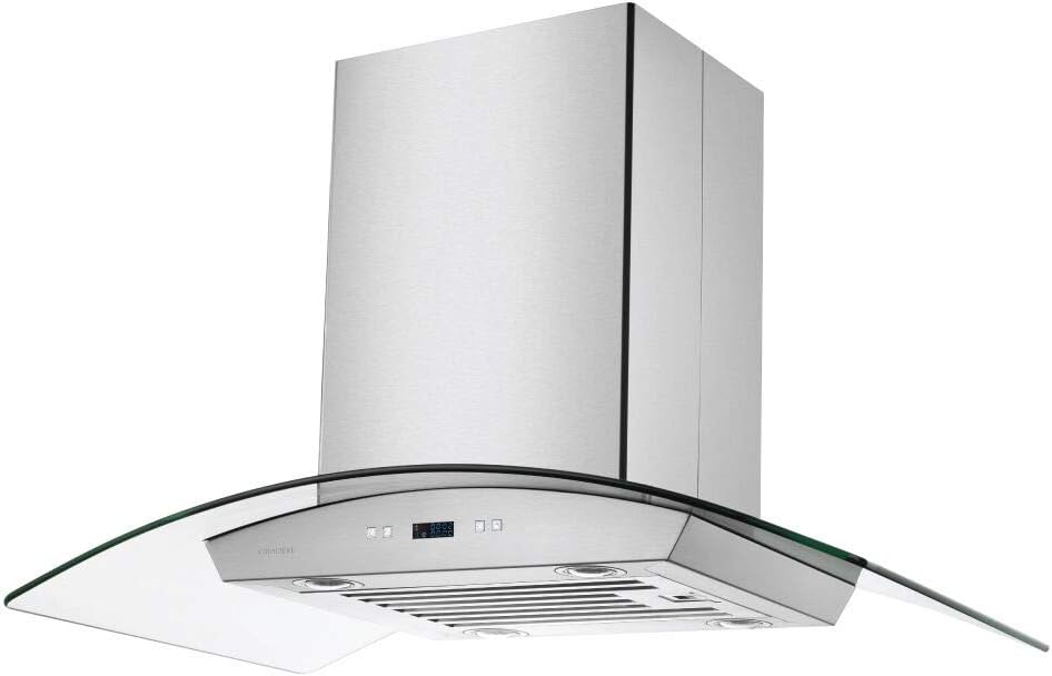 CAVALIERE 36 Inch Glass Canopy Island Mounted Stainless Steel Kitchen Range Hood