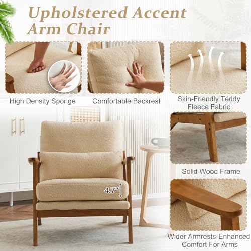 VINGLI Solid Wood Wide Armrests Accent Chair,Upholstered Mid Century Modern Chair with Pillow,Comfy Reading Chair Farmhouse Arm Chair,Chairs Living Room,Bedroom,Guest Room,Linen Fabric,Beige
