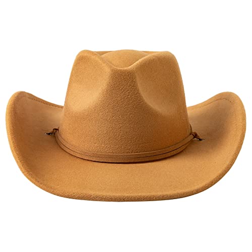 Lanzom Women Men Retro Felt Wide Brim Western Cowboy Cowgirl Hat Dress Up Hat with Wind Lanyard