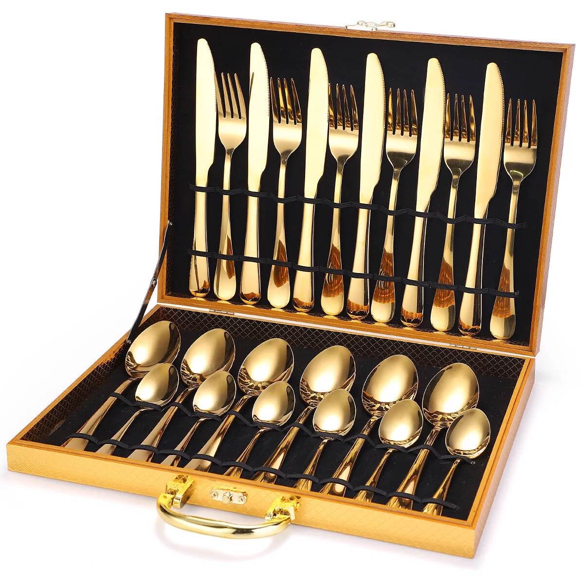 Gold Silverware set, 24 piece stainless steel cutlery set, including steak knife, fork, spoon and wooden box suitable for wedding celebration, Christmas party barbecue, serving 6 people