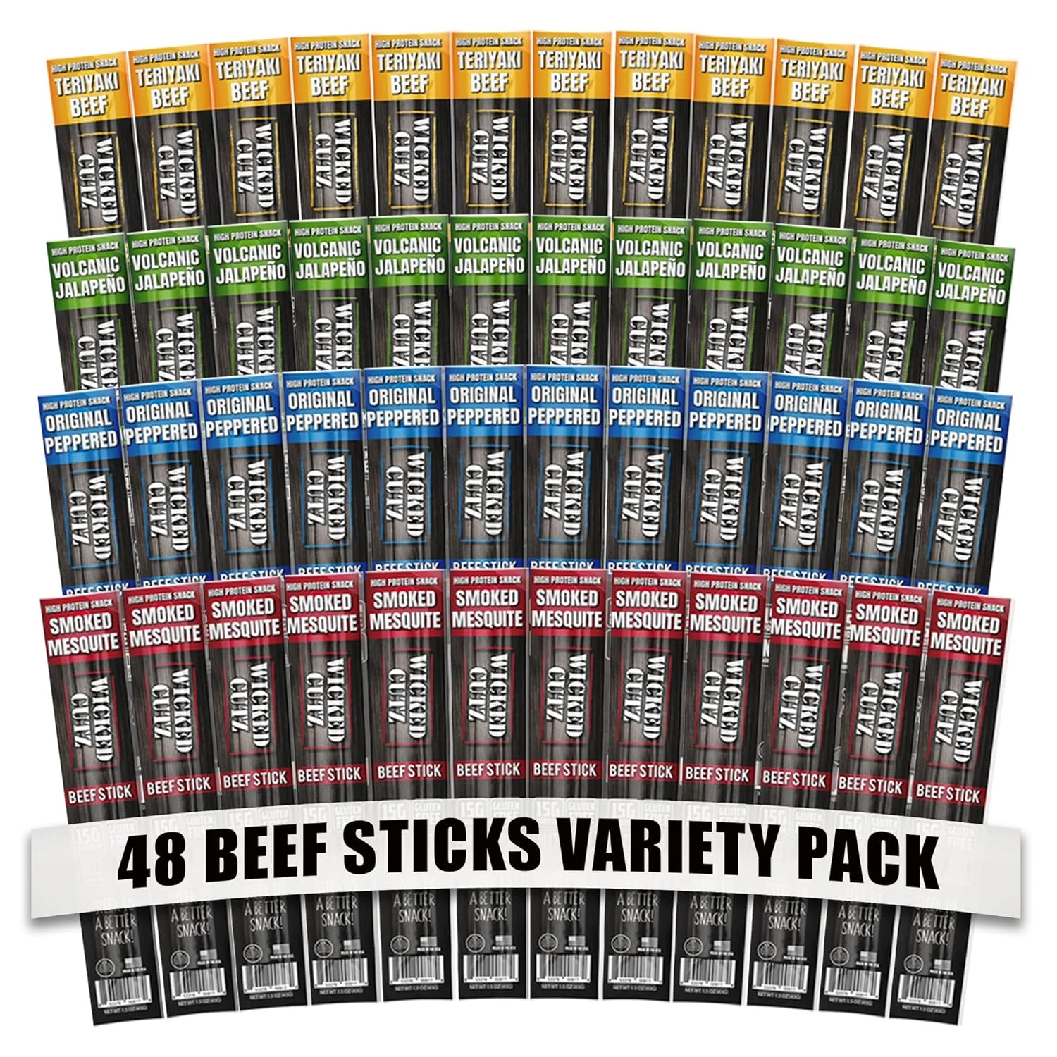 Wicked Cutz Premium Beef Jerky Sticks, Protein-Rich, 4-Flavor Variety Pack, 1.5 oz, 48-Pack