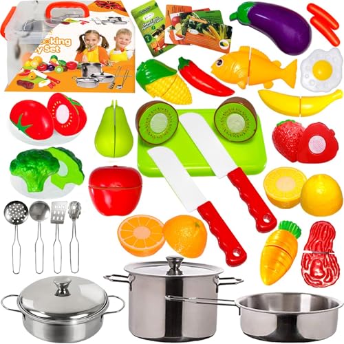 FUNERICA Play Food and Realistic Stainless-Steel Pots and Pans and Utensils - Cutting Fake Food and Pretend Toy Kitchen Accessories Cooking Toy Playset for Toddlers and Kids