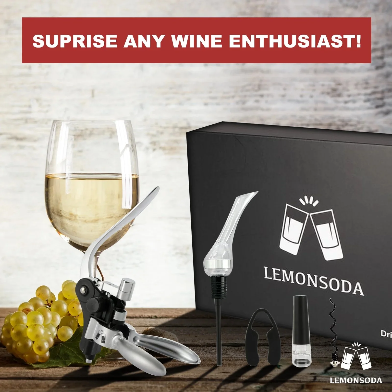 LEMONSODA Wine Bottle Opener Kit - Wine Lever Corkscrew Opener, Wine Pourer, Wine Foil Cutter, Vacuum Wine Stopper, Extra Spiral - Elegant Metal Wine Openers