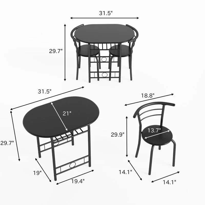 Shahoo 3-Piece Wooden Dining Table Set, Kitchen Breakfast Nook Sets with 2 Chairs & Round Tabletop, Space Saving Furniture Metal Frame and Built-in Wine Rack, Walnut