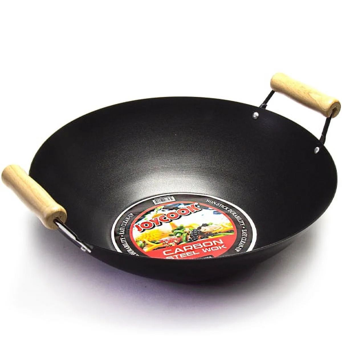 JOYCOOK Wok Pan with Two Short Handles Carbon Steel Non Stick Xylan Coating 15 inch (38cm)