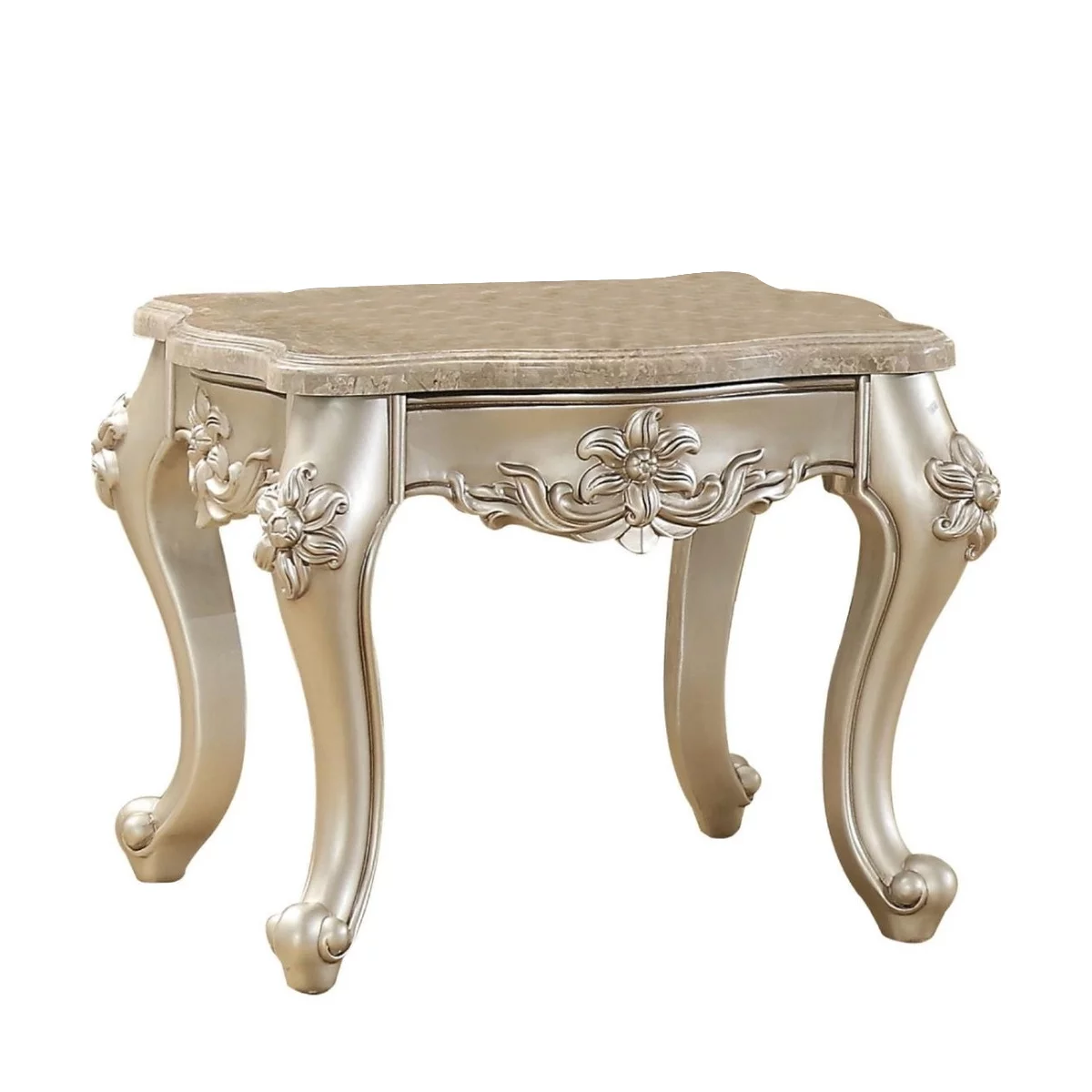 Marble Top End Table With Flower Motif Engraved Angular Wood Feet, Silver- Saltoro Sherpi