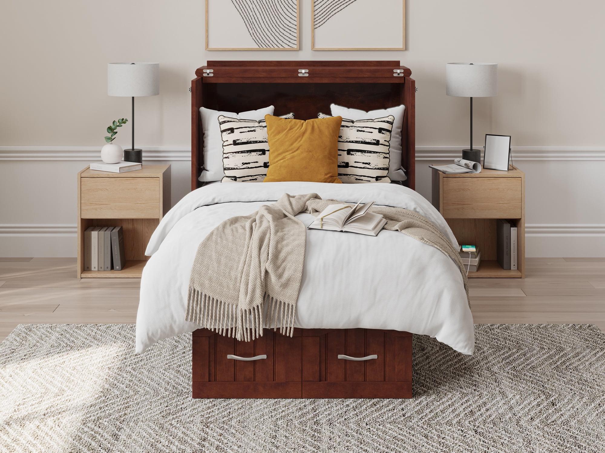 AFI Sydney Twin Solid Wood Murphy Bed Chest with Mattress, Drawer & Charger, Walnut