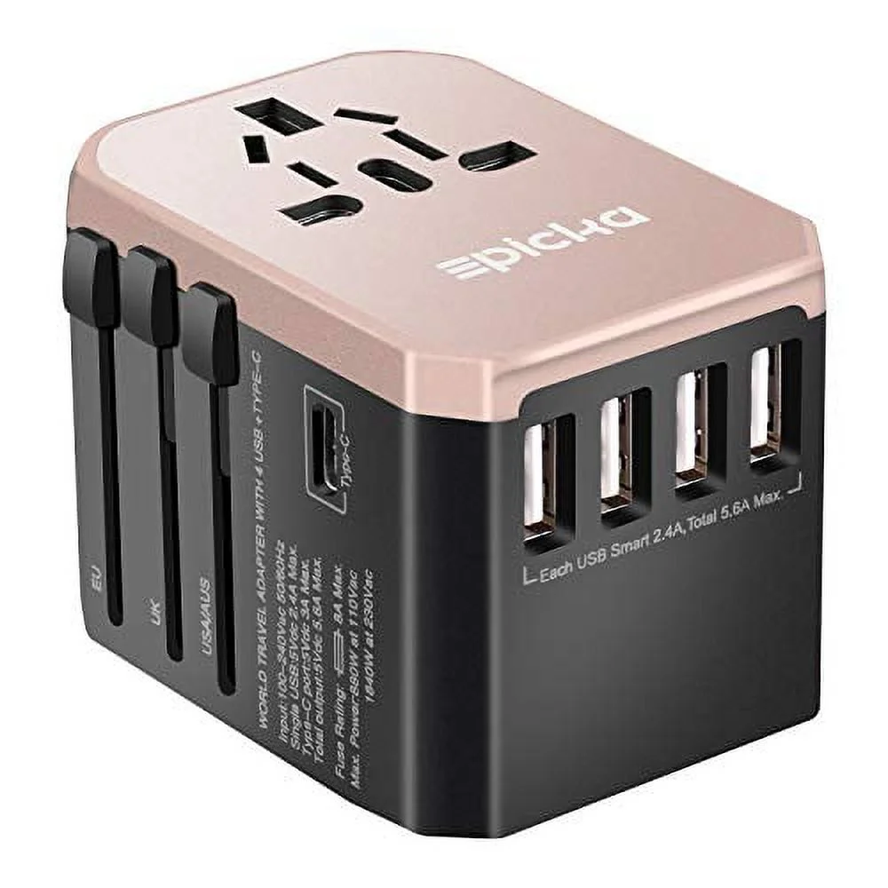 Universal Travel Power Adapter - EPICKA All in One Worldwide Wall Charger AC Plug Adaptor with 5.6A Smart Power and 3.0A Type-C for USA EU UK AUS (Rose Gold)