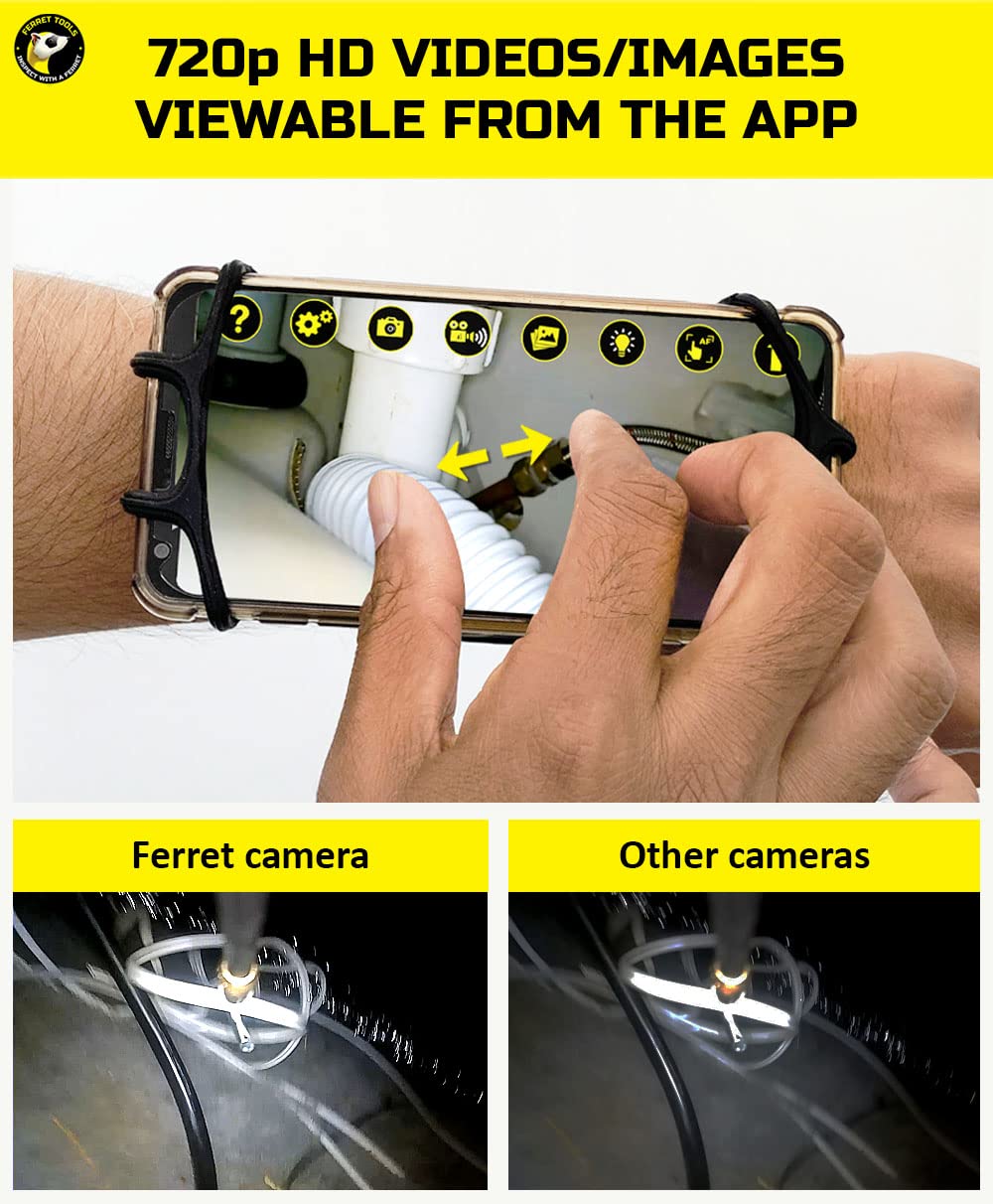 Ferret Plus Wireless Inspection Camera – WiFi Borescope with on-Board Memory & Voltage Detector, 720p HD, Adjustable LED Lights, IP67 Rated, Trades Camera Comes with Free App & Various Rod adaptors