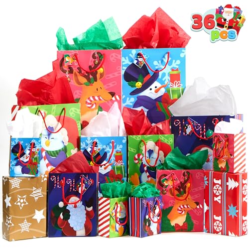 JOYIN 36 Pcs Christmas Bags with Tissue Papers and Tag, Assorted Sizes Set for Wrapping Xmas Holiday Presents, Thanksgiving Gift Decoration, Present Wrapping, School Classrooms, Party Favors