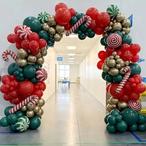 Christmas Balloon Garland Arch kit, Red Green Gold Balloons, Candy Cane Foil Balloons for Xmas Christmas Party Decorations