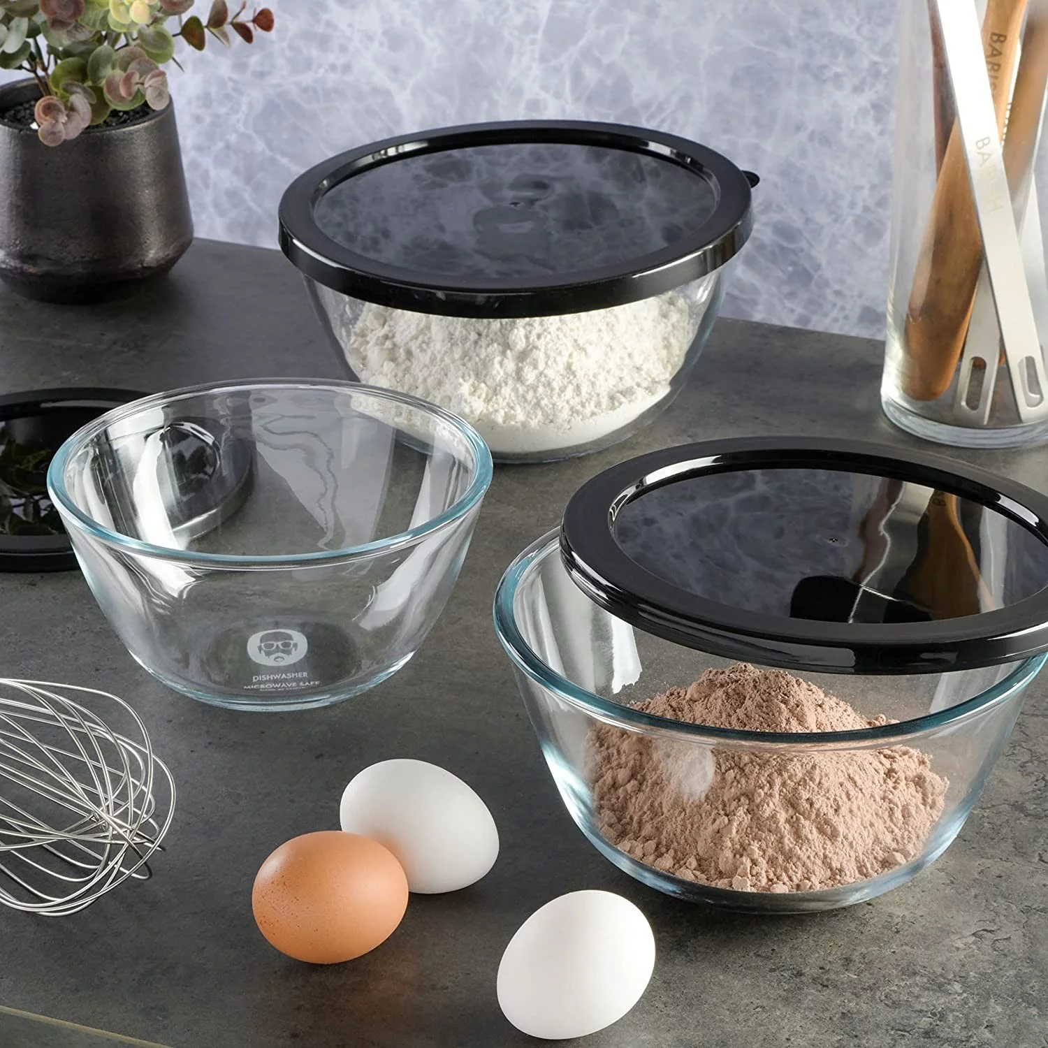 Babish Glass Mixing Bowl Set with Lids, 3-Piece