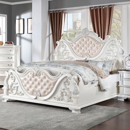Furniture of America Clairibel Wood 5-Piece Bedroom Set, King-Size Bed with Button-Tufted Headboard, Marble Top Nightstand and Dresser & Dovetail Drawers, Box Spring Required, Pearl White