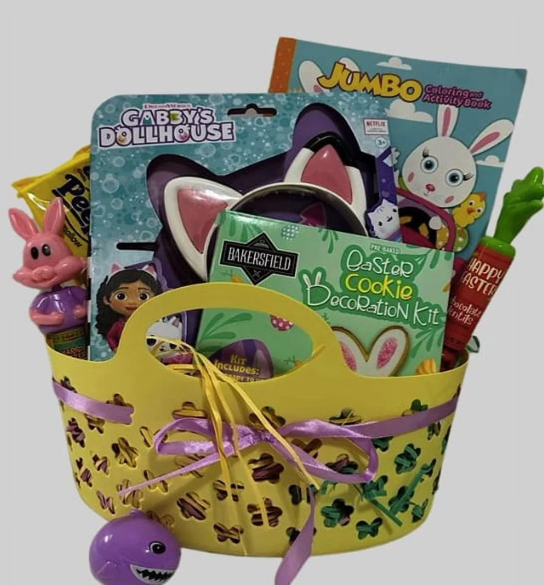 DC Easter Gift Basket, Musical Ears Headband Cookie Decoration Kit Jumbo Coloring Book Easter Egg Candies & Bucket for Kids Girls Easter Egg Hunt Party Favor Holiday Birthday Gifts (Contents Vary)