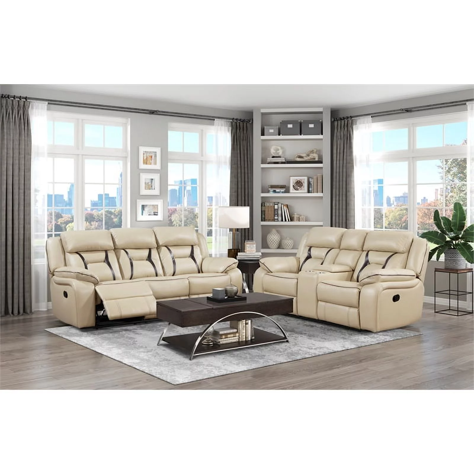 Lexicon Amite Faux Leather Upholstered Double Reclining Loveseat in Beige