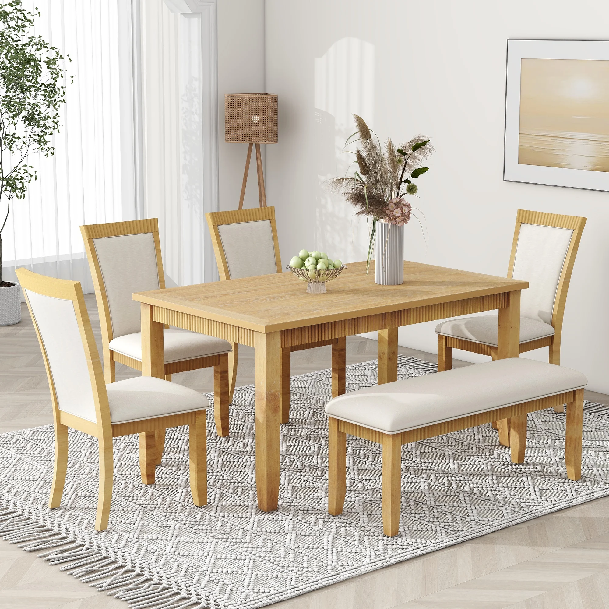 CoSoTower Rustic Solid Wood 6-Piece Dining Table Set, PU Leather Upholstered Chairs and Bench, Natural Wood Wash