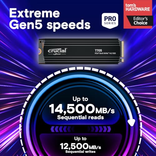 Crucial T705 2TB PCIe Gen5 NVMe M.2 SSD - Up to 14,500 MB/s - Game Ready - Internal Solid State Drive (PC) - +1mo Adobe CC - CT2000T705SSD3