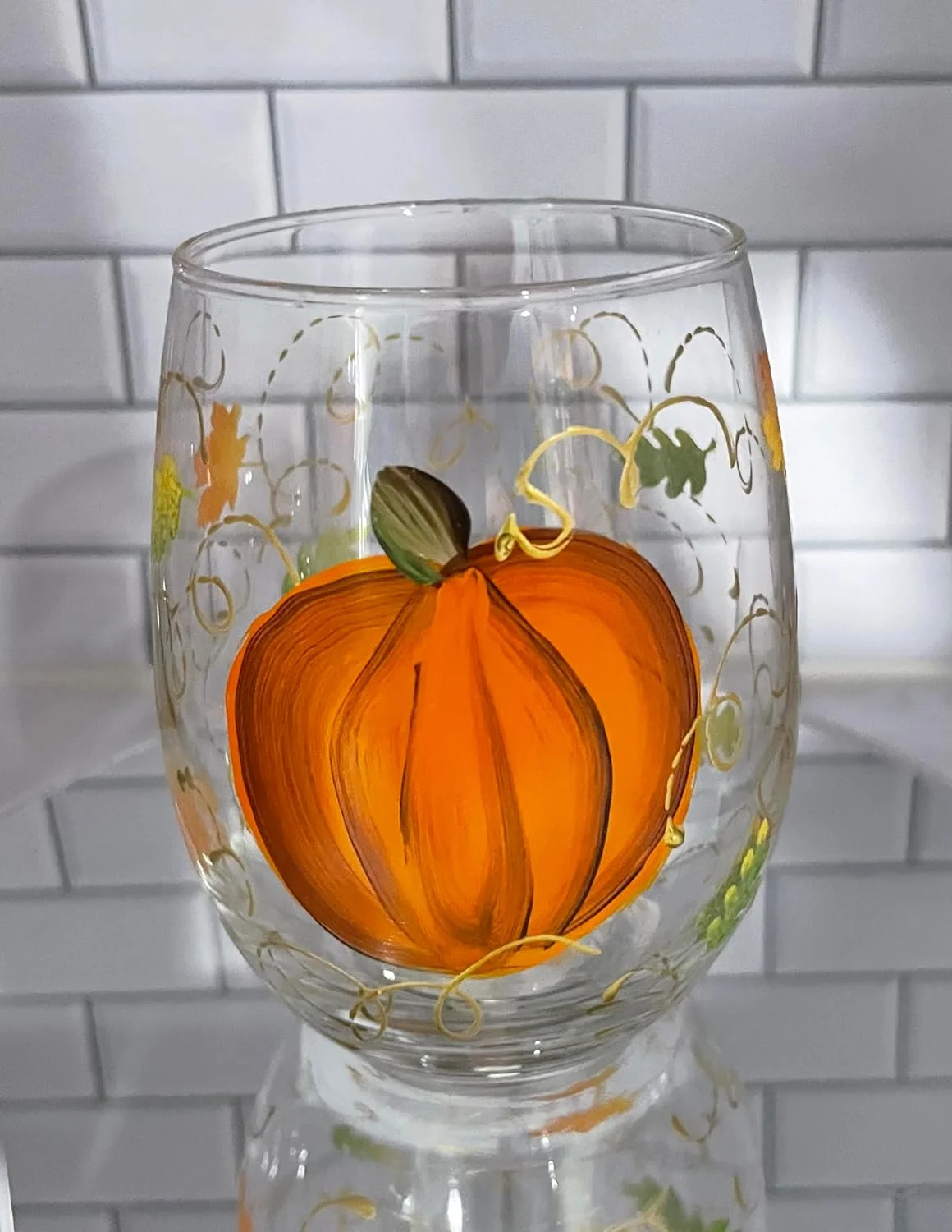 Pumpkin Stemless Wine Glass With Fall Leaves And Swirls 15 Oz. Stemless Glass