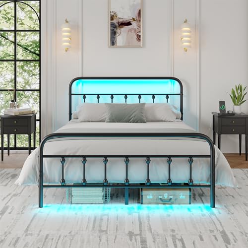 Full Bed Frame with Charging Station, Metal Platform Bed Frame-Mattress Foundation with LED/Headboard and Footboard/Under Bed Storage/No Box Spring Needed,Black