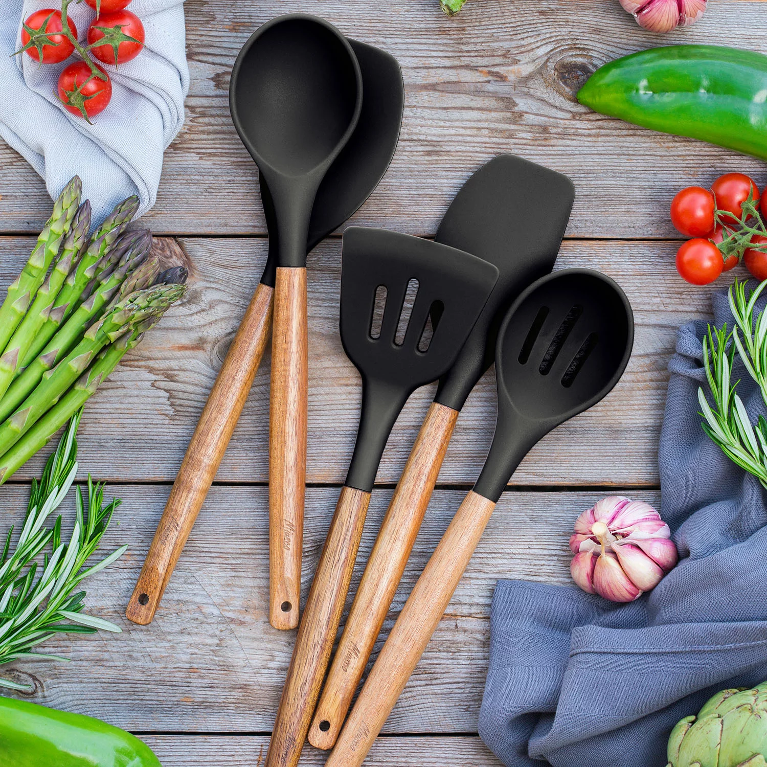 Miusco Nonstick Silicone Kitchen Cooking Utensils Set with Wood Handle, BPA Free, Black 5 pcs