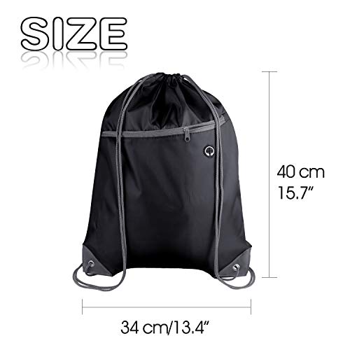 KUUQA 12Pcs Drawstring Backpack Bags Bulk with Zipper Pocket and Headphone Hole（Black）