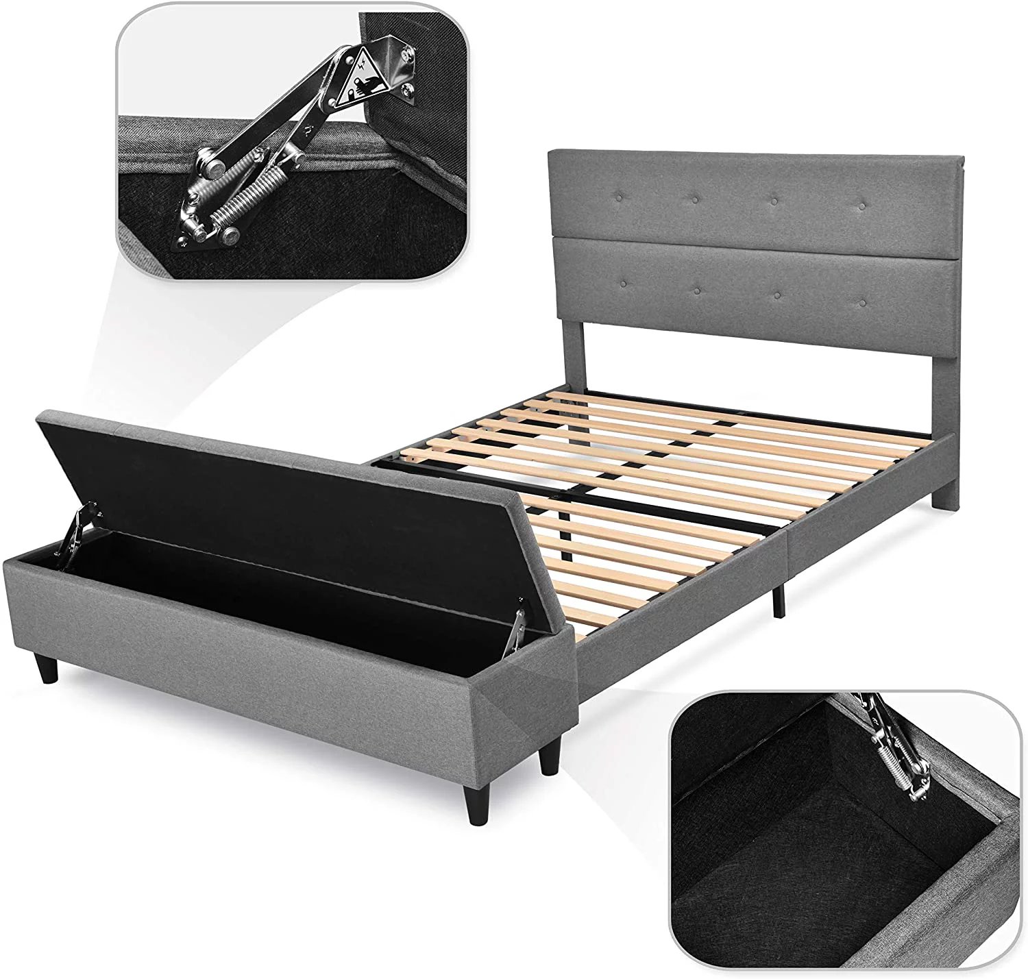 SHA CERLIN Queen Platform Bed Frame with Storage Ottoman Bench & Headboard, Gray, Adults