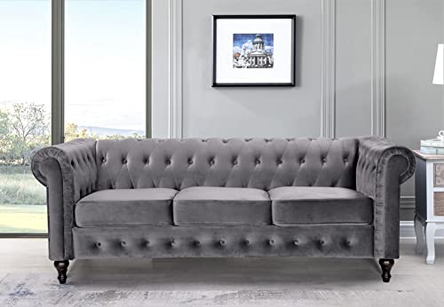 Teressa 3-Piece Velvet Chesterfield Sofa Set for Living Room, Apartment or Office, Includes Mid Century Modern Couch, Loveseat and Accent Chair, Grey
