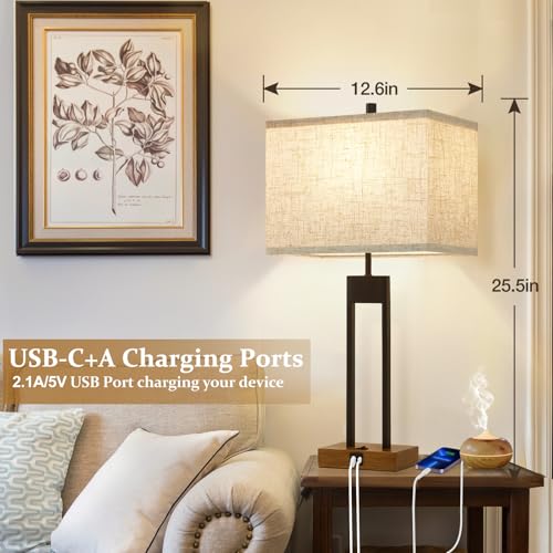 25.5’’ Nightstand Table Lamps for Bedrooms Set of 2, Bedside Lamp with USB C+A, 3 Colors Changeable Living Room Lamps for End Tables, Modern Night Stand Lamps for Bed Side Guest Room Office Reading